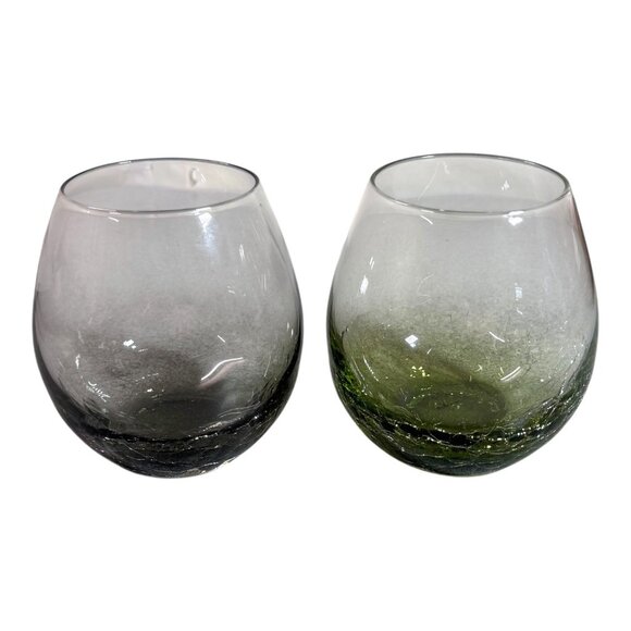 Pier 1 One Green Gray Crackle Glass Stemless Wine Glass Retired Replacement - Picture 1 of 4